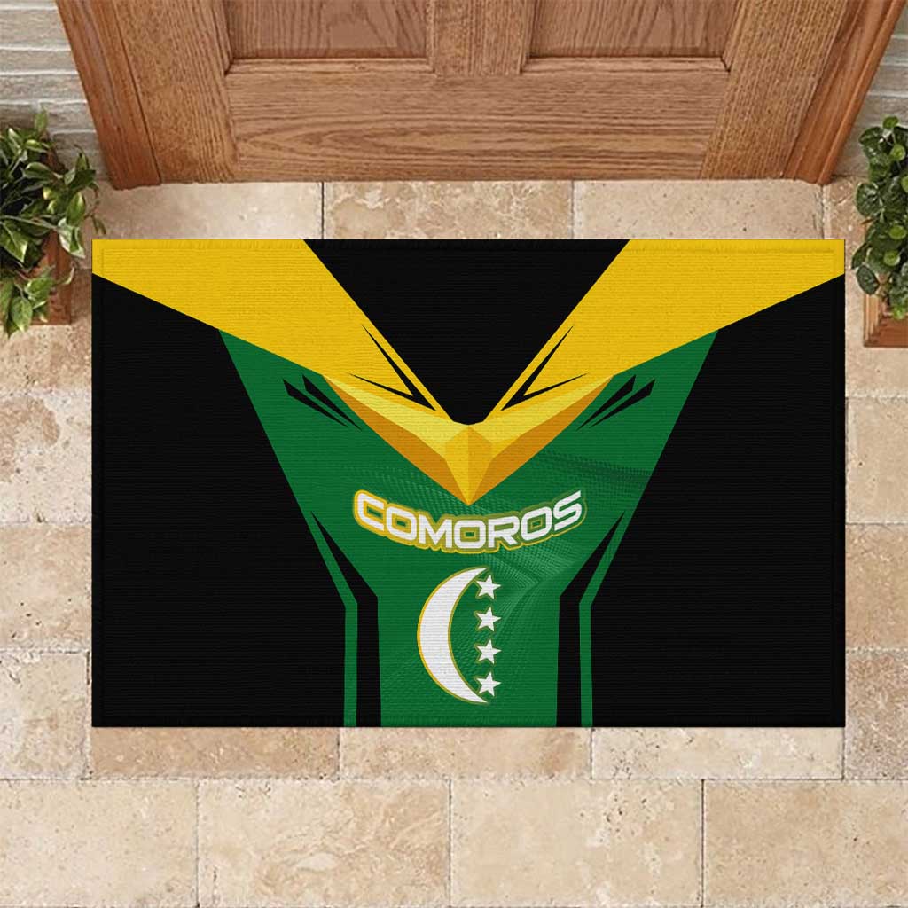 Comoros Rubber Doormat - National Colors Green Yellow Black Crescent Moon and Stars Emblem