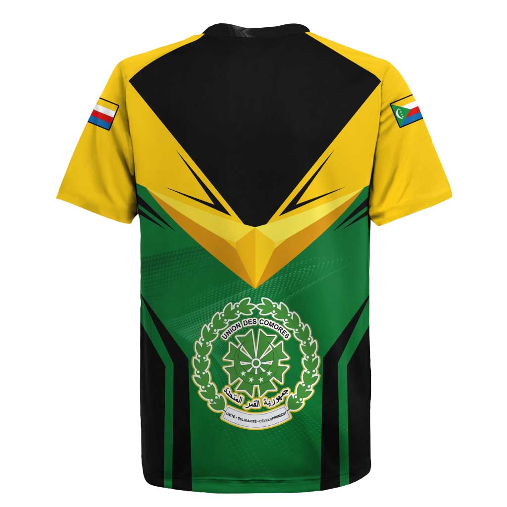 Comoros Rugby Jersey - National Colors Green Yellow Black Crescent Moon and Stars Emblem