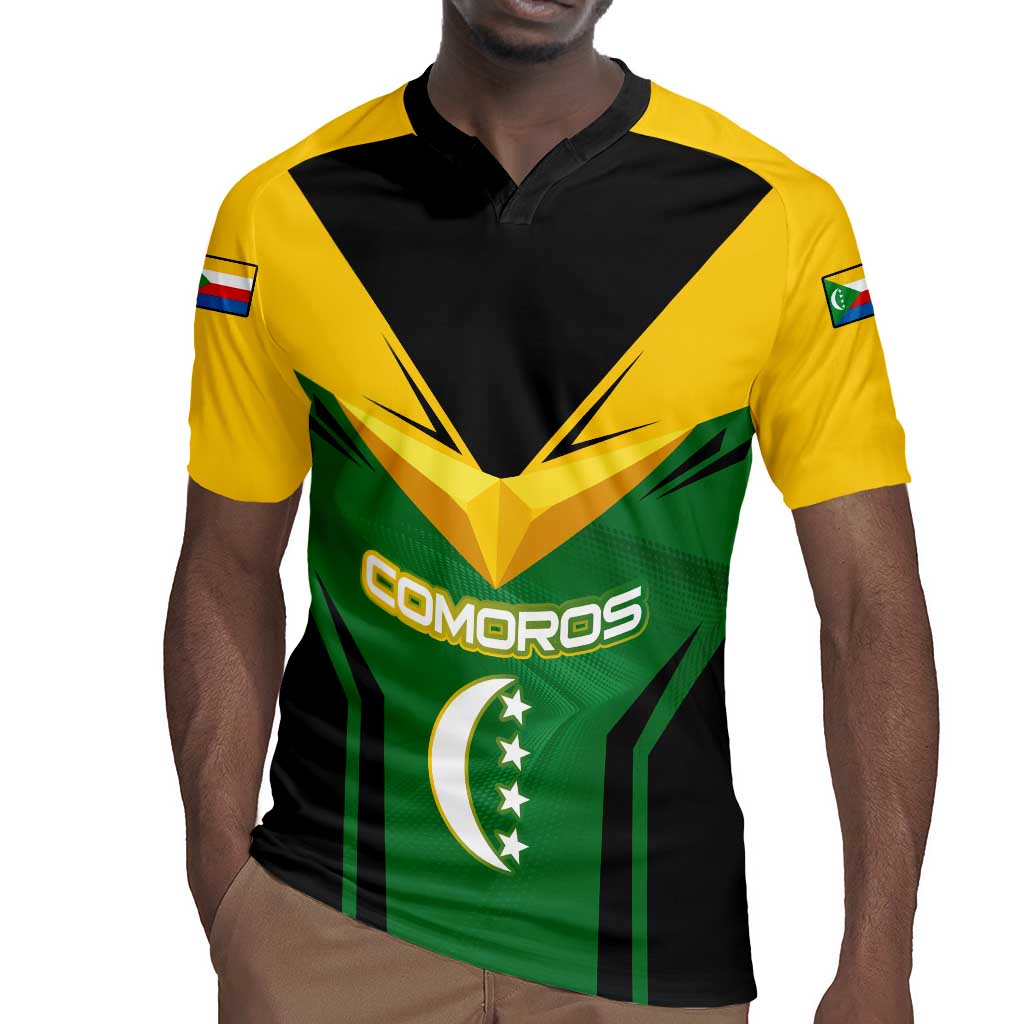 Comoros Rugby Jersey - National Colors Green Yellow Black Crescent Moon and Stars Emblem