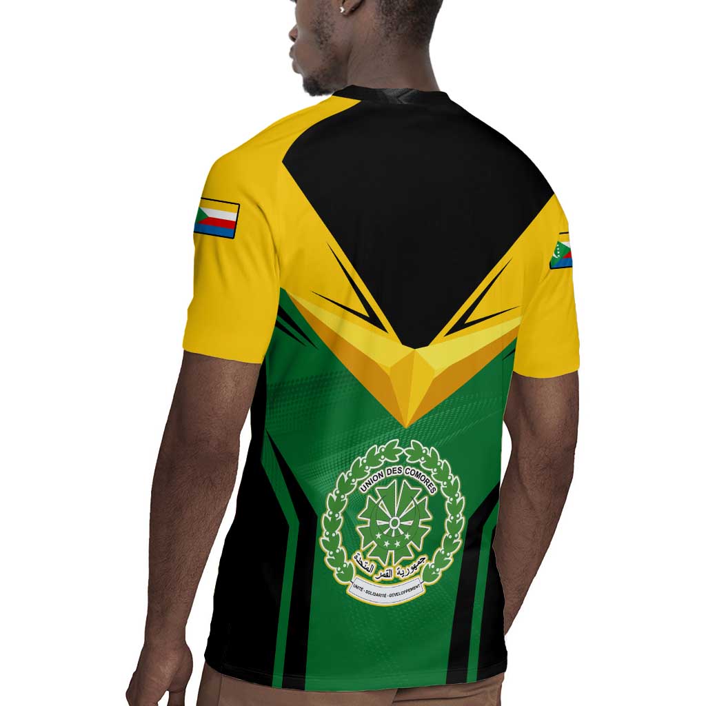 Comoros Rugby Jersey - National Colors Green Yellow Black Crescent Moon and Stars Emblem