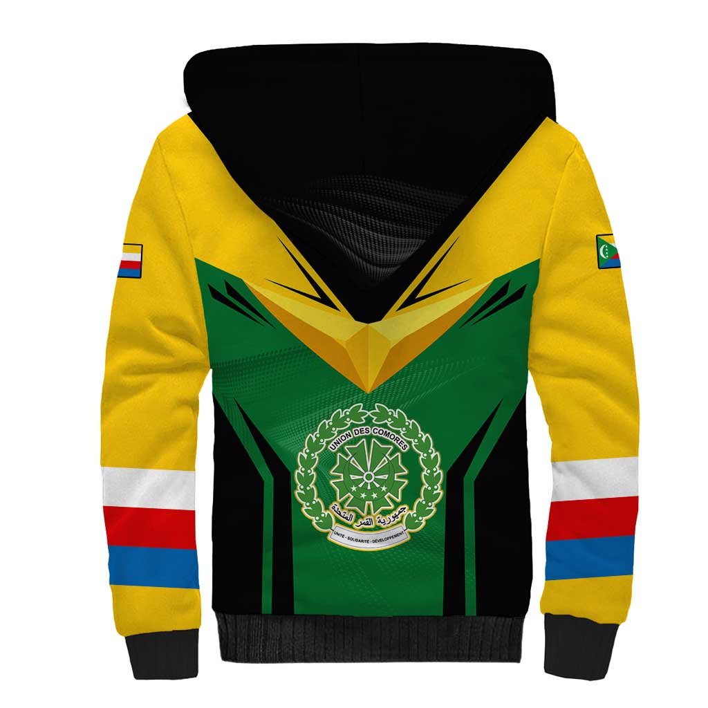 Comoros Sherpa Hoodie - National Colors Green Yellow Black Crescent Moon and Stars Emblem