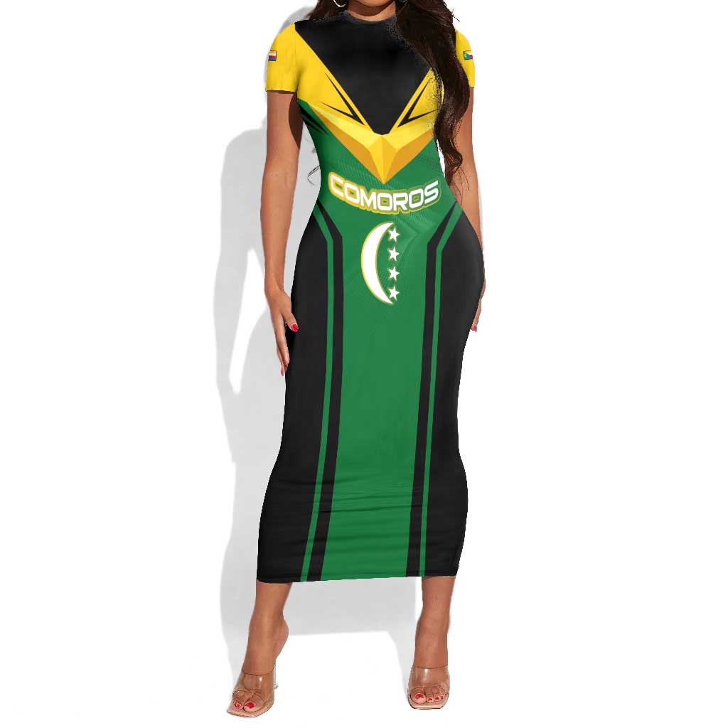 Comoros Short Sleeve Bodycon Dress - National Colors Green Yellow Black Crescent Moon and Stars Emblem TS04