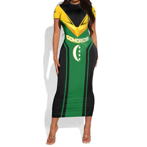 Comoros Short Sleeve Bodycon Dress - National Colors Green Yellow Black Crescent Moon and Stars Emblem TS04