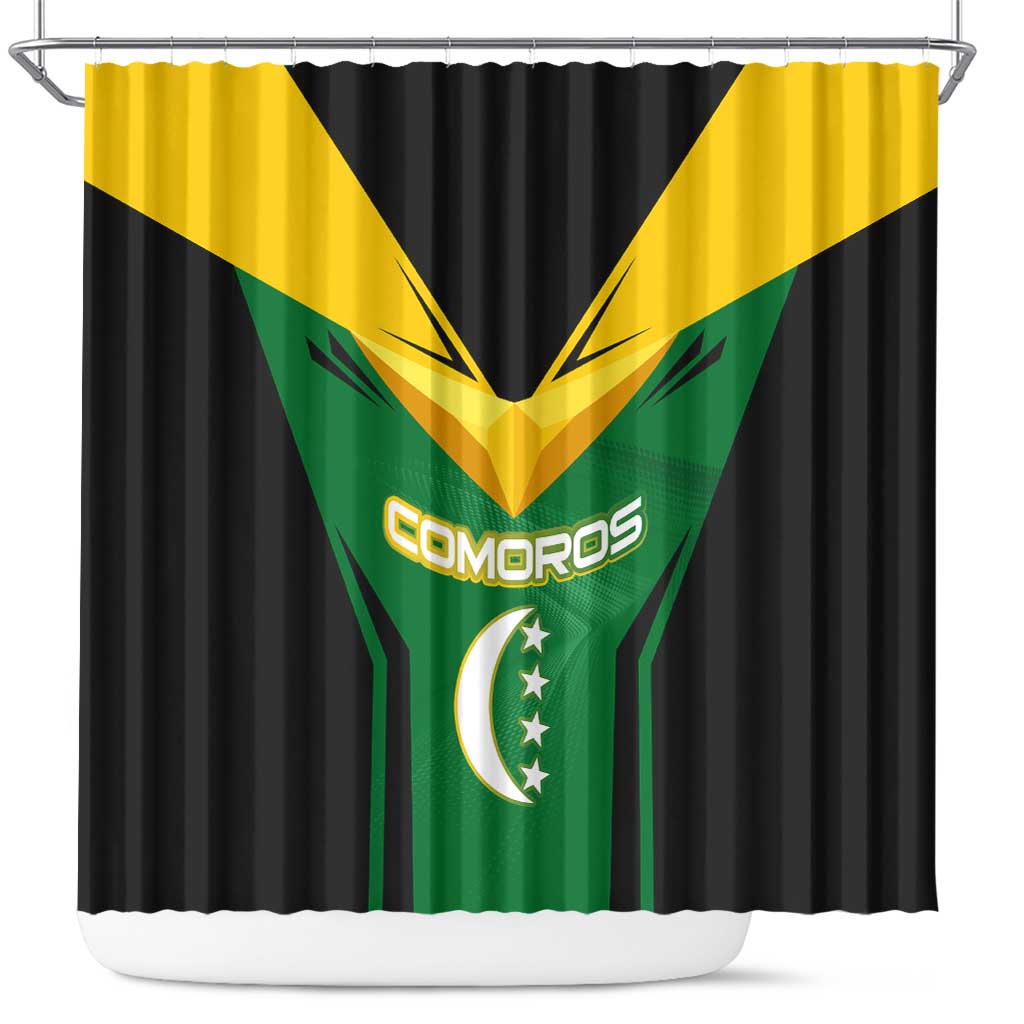 Comoros Shower Curtain - National Colors Green Yellow Black Crescent Moon and Stars Emblem
