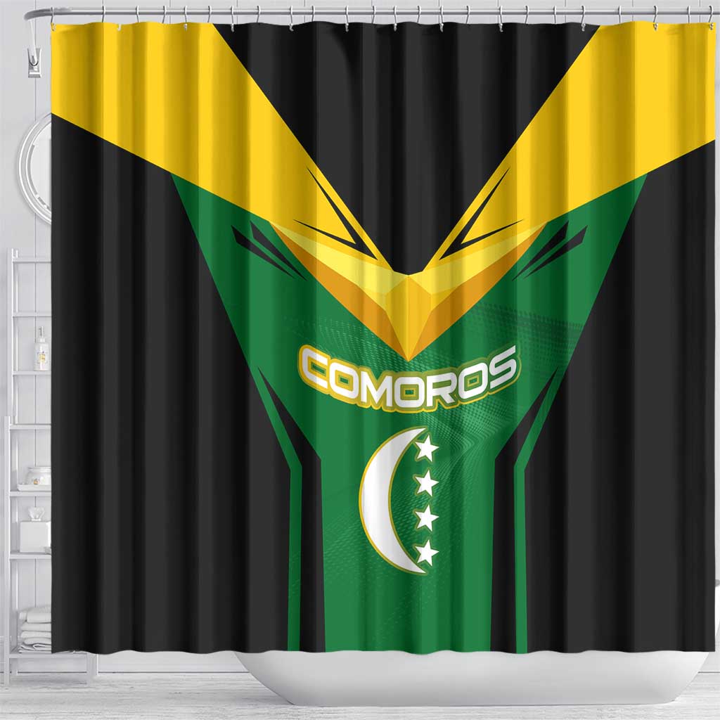 Comoros Shower Curtain - National Colors Green Yellow Black Crescent Moon and Stars Emblem