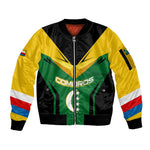 Comoros Sleeve Zip Bomber Jacket - National Colors Green Yellow Black Crescent Moon and Stars Emblem