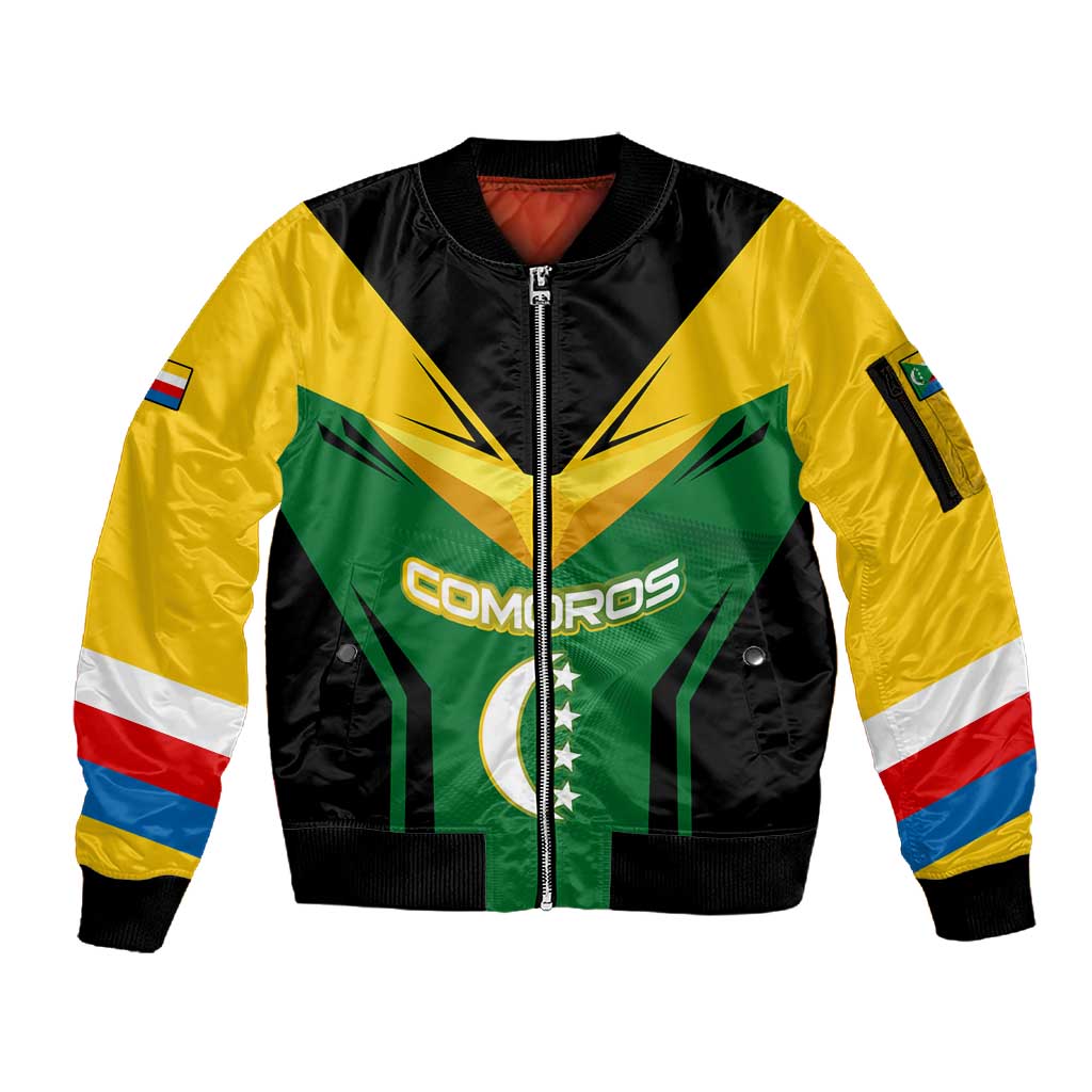 Comoros Sleeve Zip Bomber Jacket - National Colors Green Yellow Black Crescent Moon and Stars Emblem