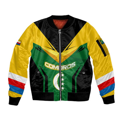 Comoros Sleeve Zip Bomber Jacket - National Colors Green Yellow Black Crescent Moon and Stars Emblem