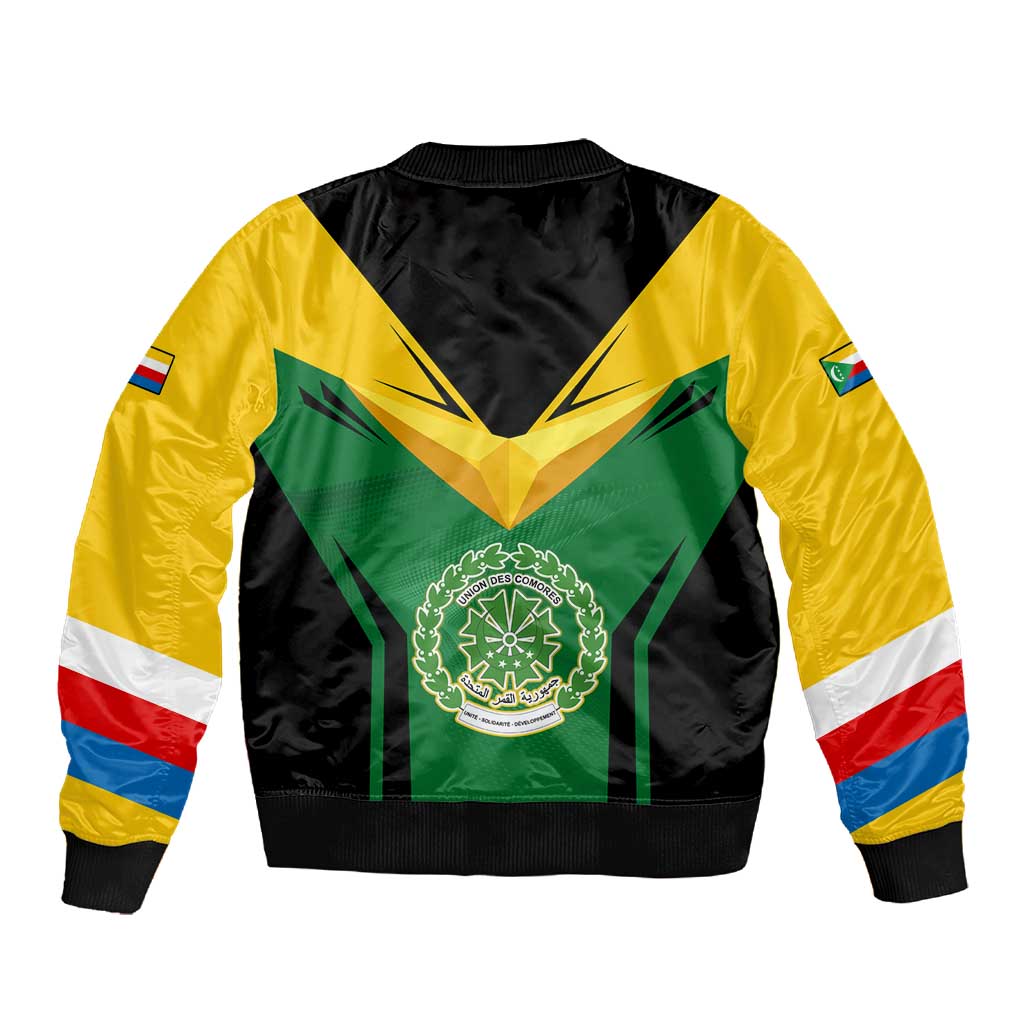 Comoros Sleeve Zip Bomber Jacket - National Colors Green Yellow Black Crescent Moon and Stars Emblem