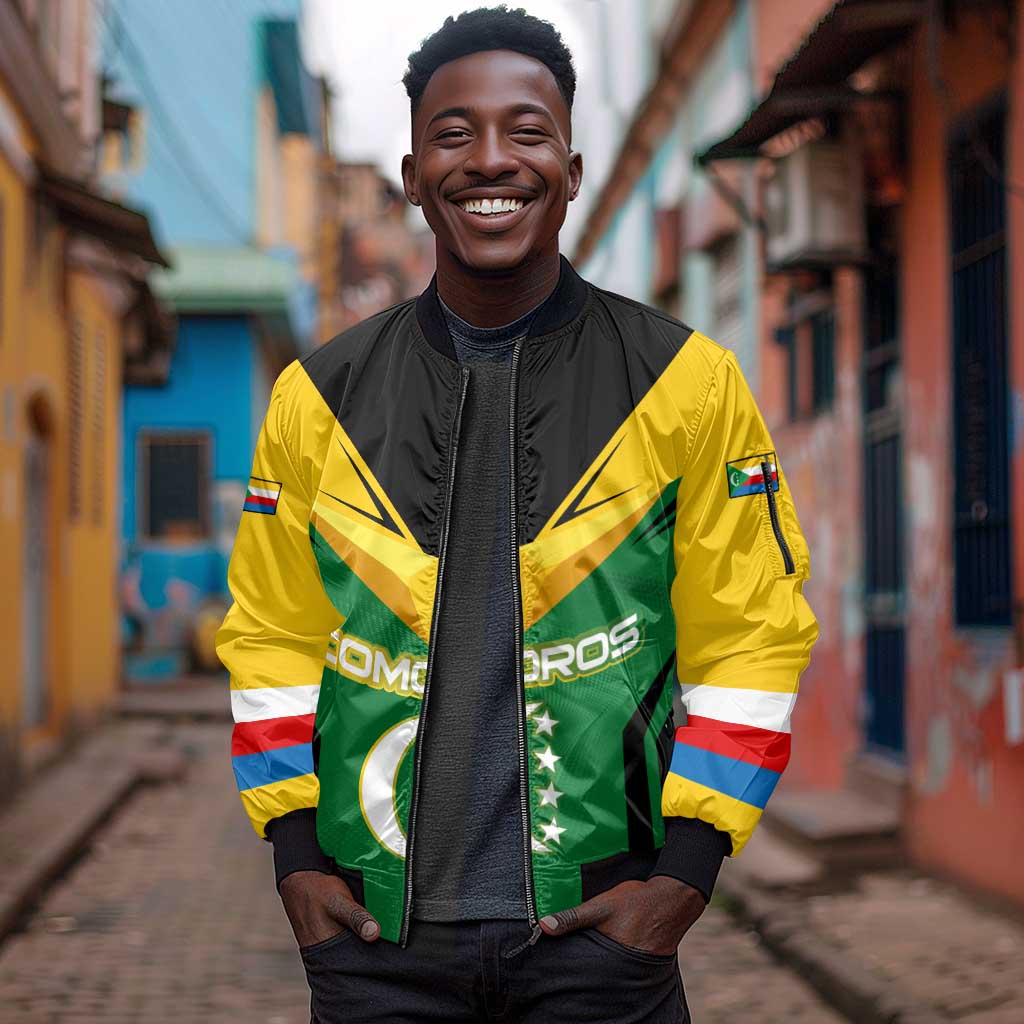 Comoros Sleeve Zip Bomber Jacket - National Colors Green Yellow Black Crescent Moon and Stars Emblem