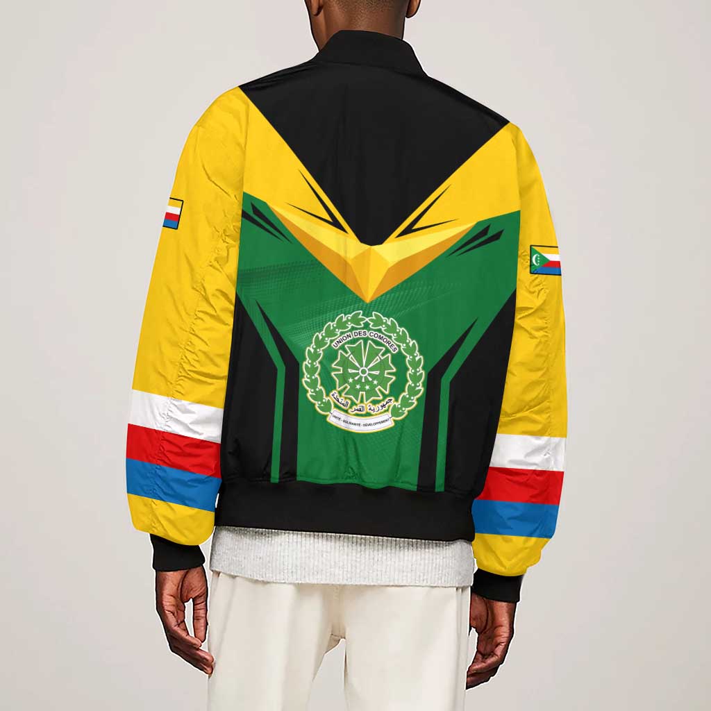 Comoros Sleeve Zip Bomber Jacket - National Colors Green Yellow Black Crescent Moon and Stars Emblem