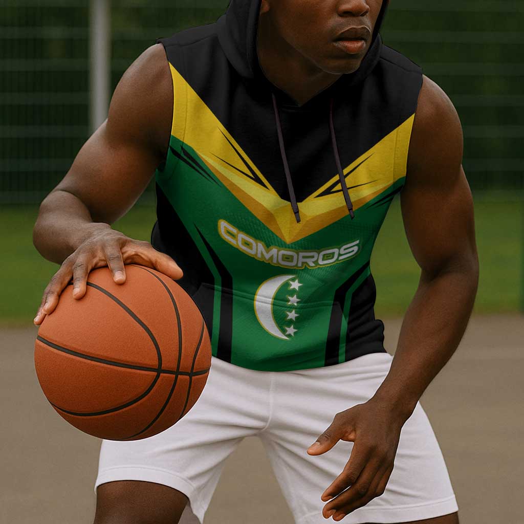 Comoros Sleeveless Hoodie - National Colors Green Yellow Black Crescent Moon and Stars Emblem - African Pride
