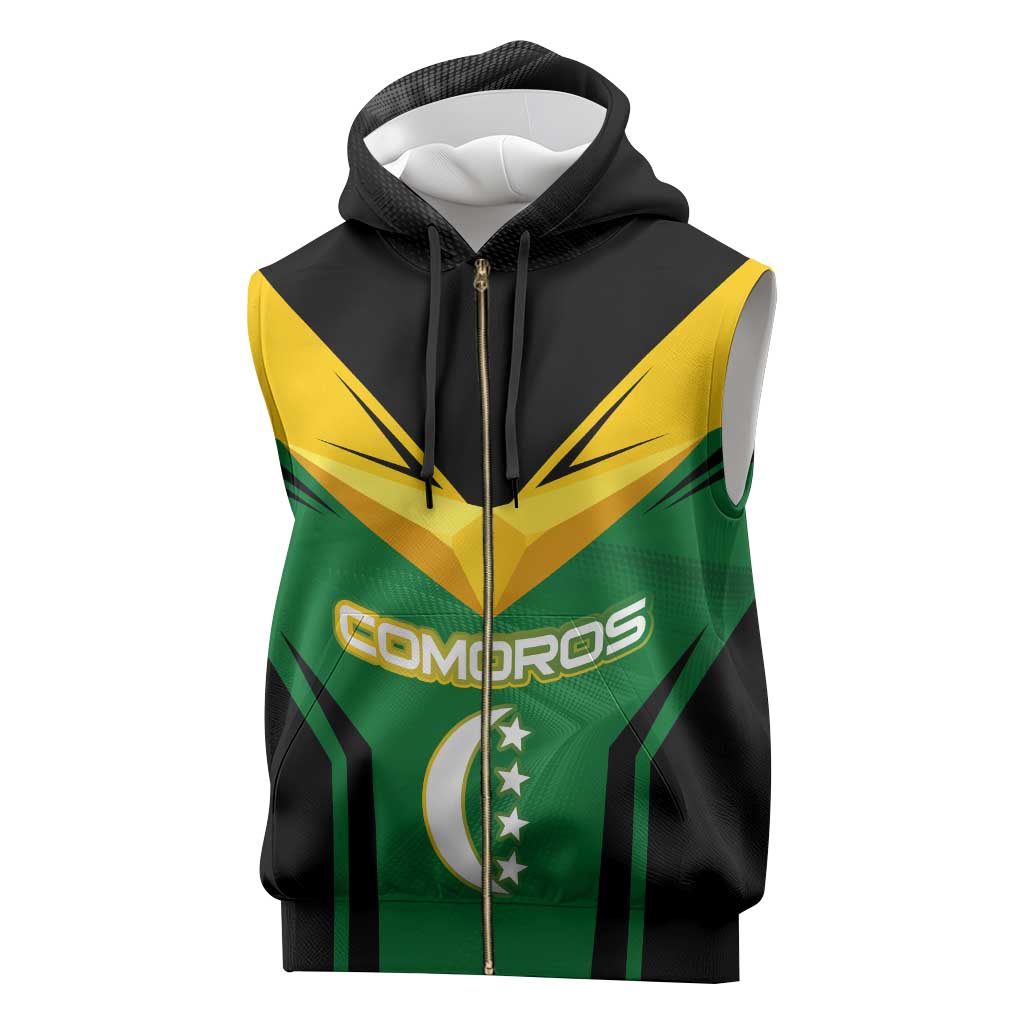 Comoros Sleeveless Zip Hoodie - National Colors Green Yellow Black Crescent Moon and Stars Emblem - African Pride