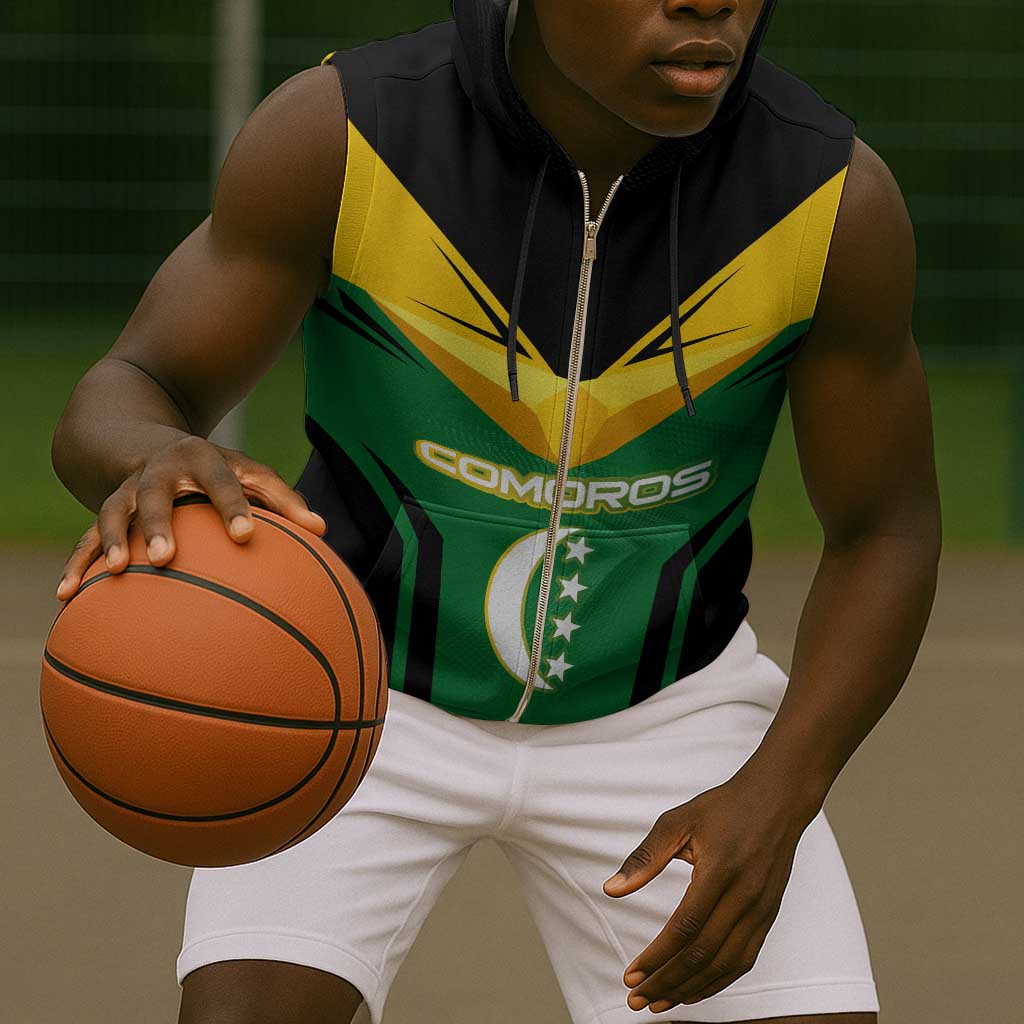 Comoros Sleeveless Zip Hoodie - National Colors Green Yellow Black Crescent Moon and Stars Emblem - African Pride
