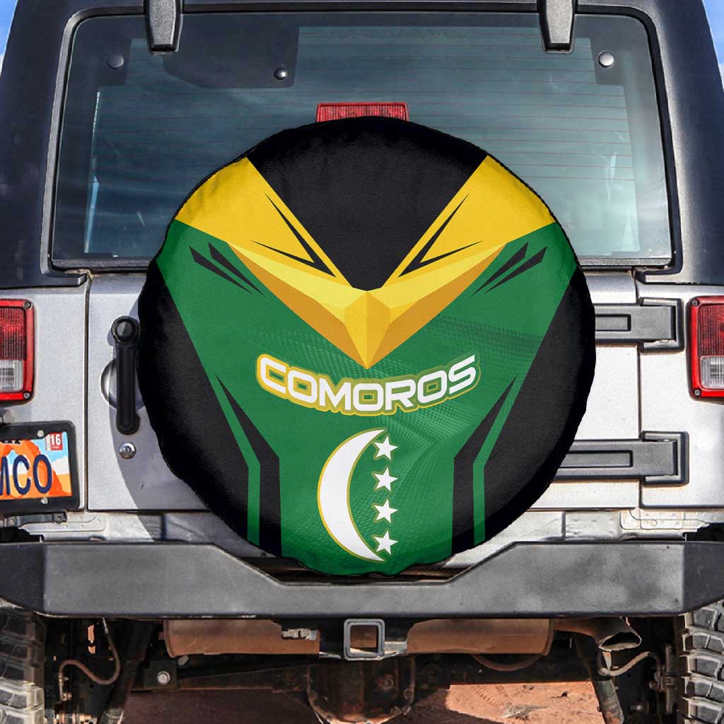 Comoros Spare Tire Cover - National Colors Green Yellow Black Crescent Moon and Stars Emblem