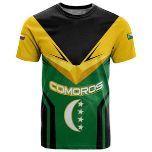 Comoros T shirt - National Colors Green Yellow Black Crescent Moon and Stars Emblem