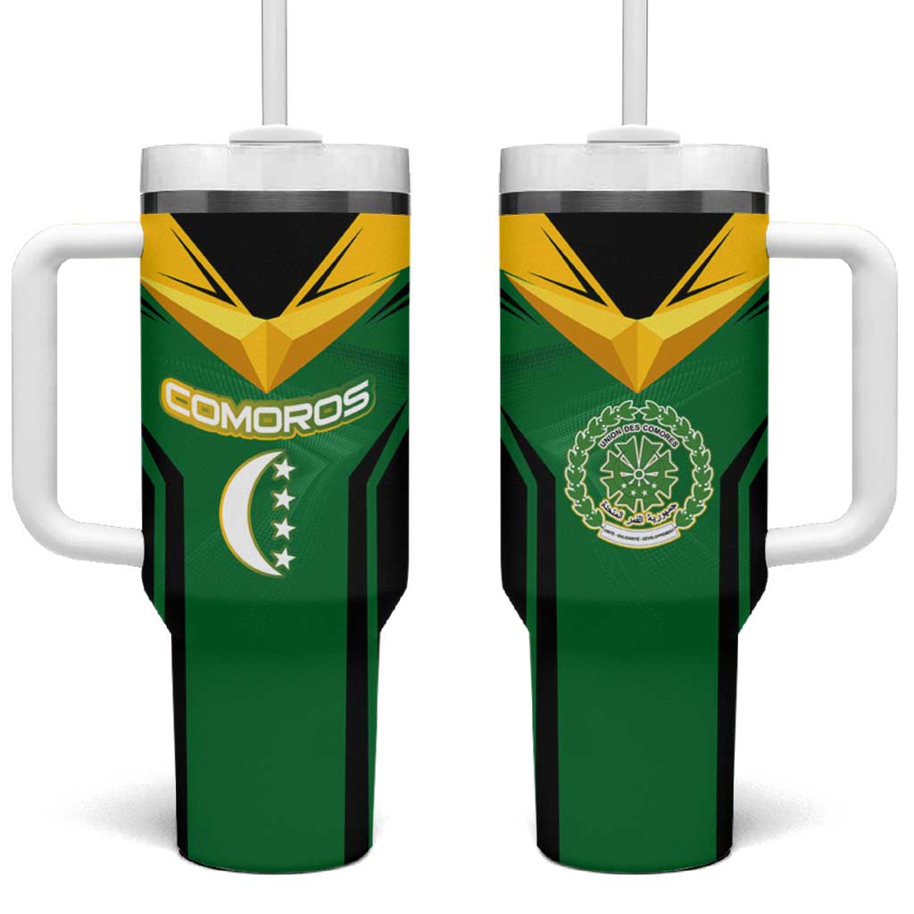 Comoros Tumbler With Handle - National Colors Green Yellow Black Crescent Moon and Stars Emblem