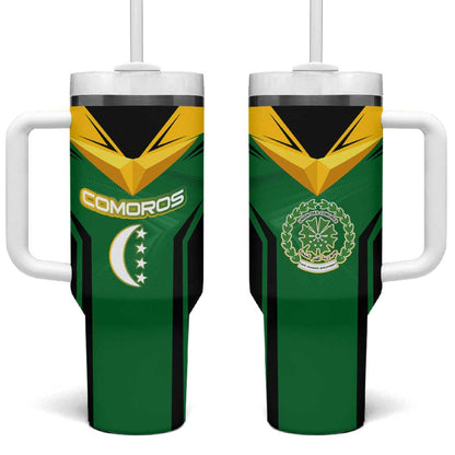 Comoros Tumbler With Handle - National Colors Green Yellow Black Crescent Moon and Stars Emblem
