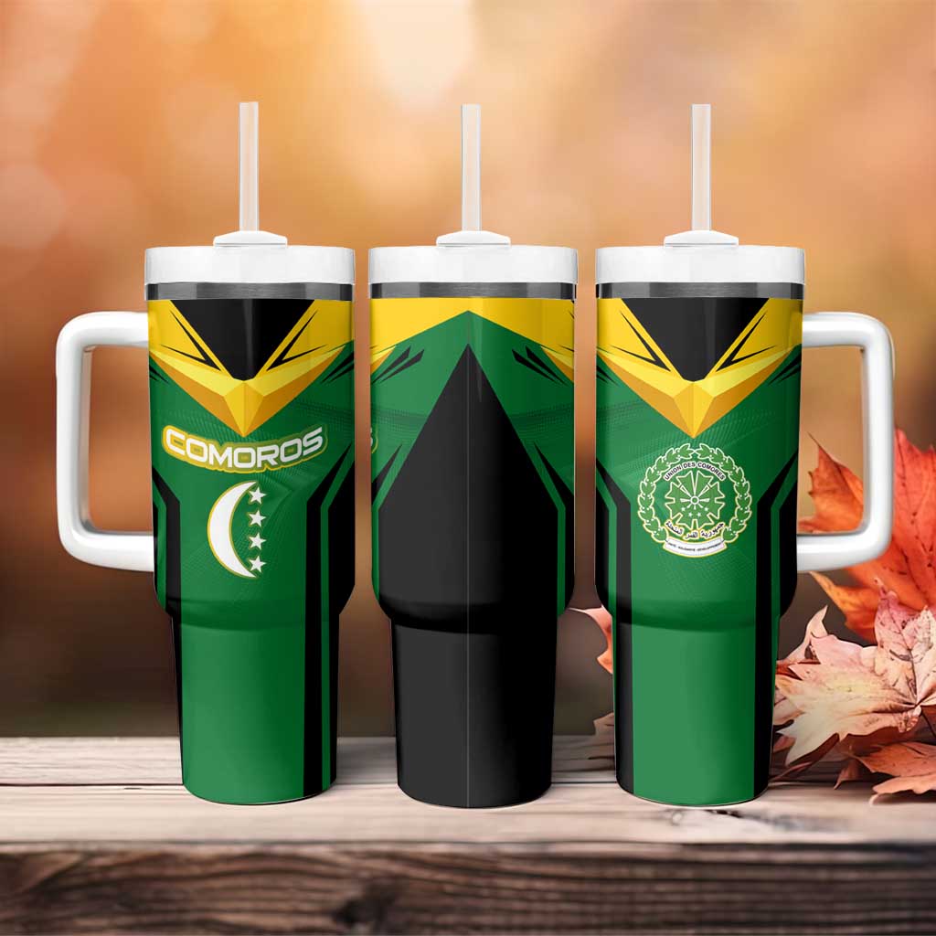 Comoros Tumbler With Handle - National Colors Green Yellow Black Crescent Moon and Stars Emblem