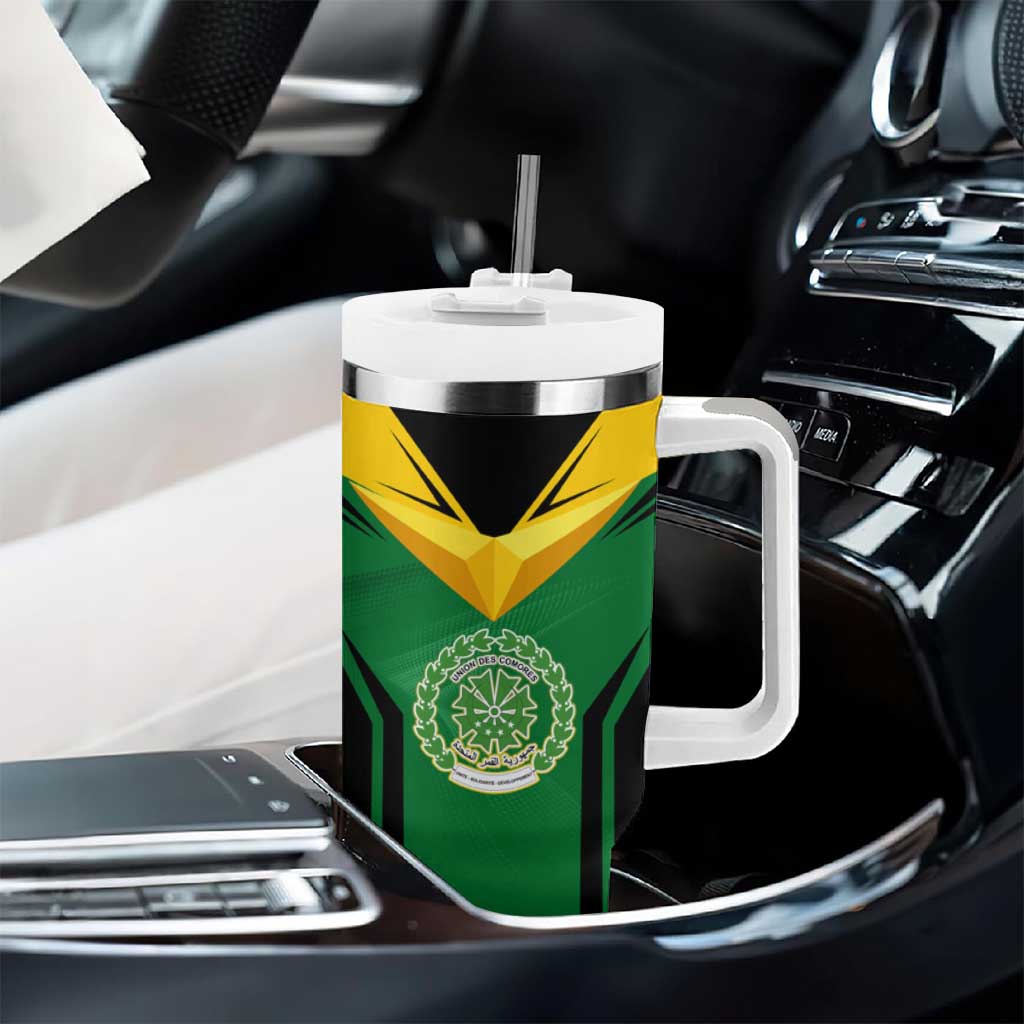 Comoros Tumbler With Handle - National Colors Green Yellow Black Crescent Moon and Stars Emblem