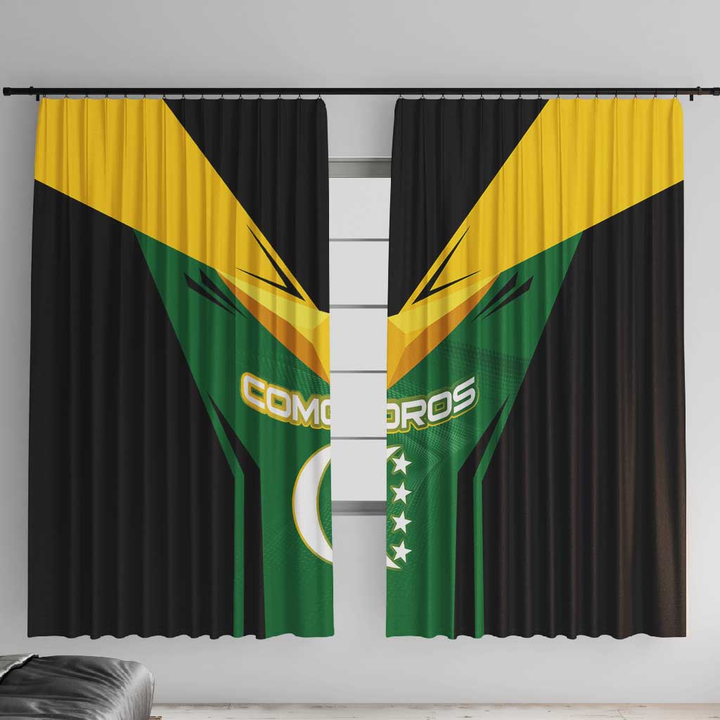 Comoros Window Curtain - National Colors Green Yellow Black Crescent Moon and Stars Emblem