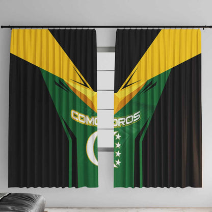Comoros Window Curtain - National Colors Green Yellow Black Crescent Moon and Stars Emblem
