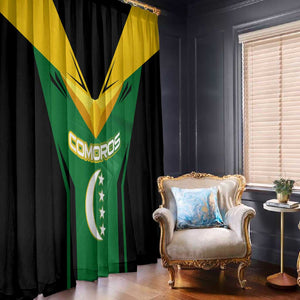 Comoros Window Curtain - National Colors Green Yellow Black Crescent Moon and Stars Emblem