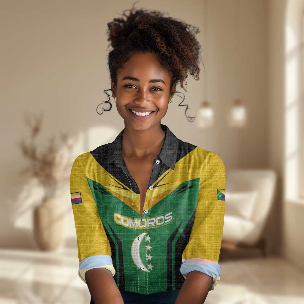 Comoros Women Casual Shirt - National Colors Green Yellow Black Crescent Moon and Stars Emblem