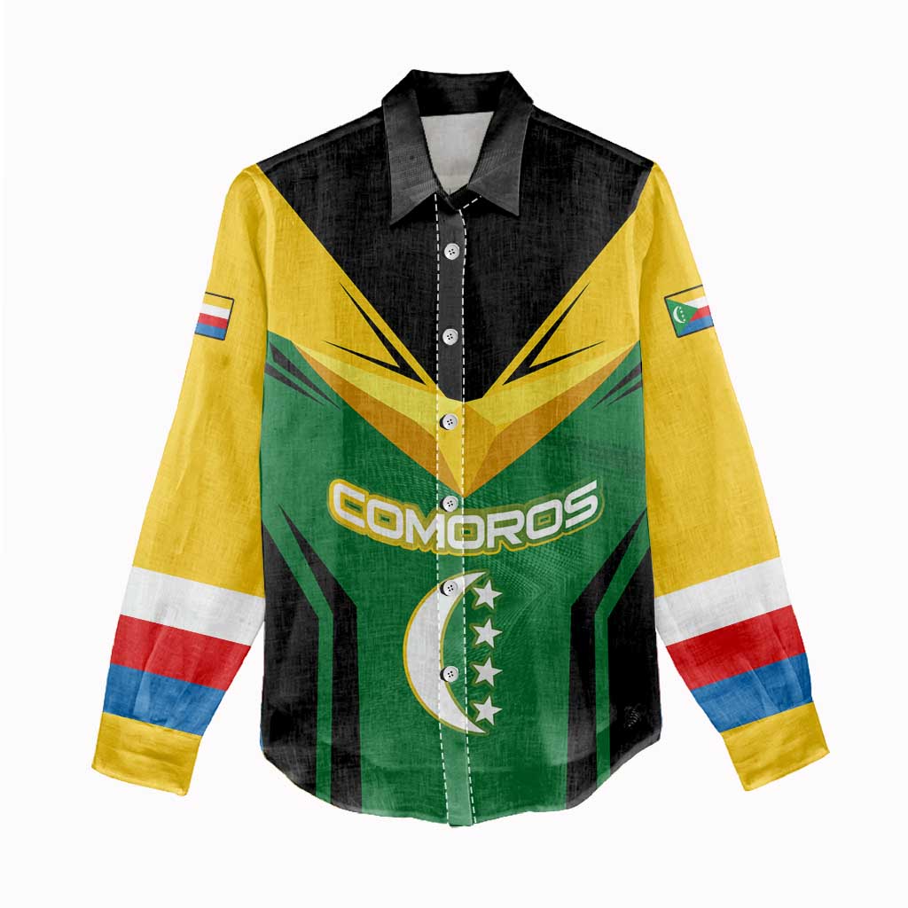 Comoros Women Casual Shirt - National Colors Green Yellow Black Crescent Moon and Stars Emblem