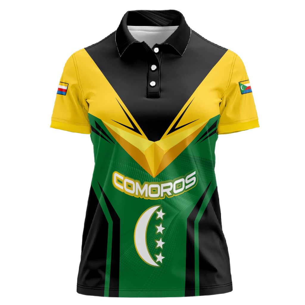 Comoros Women Polo Shirt - National Colors Green Yellow Black Crescent Moon and Stars Emblem
