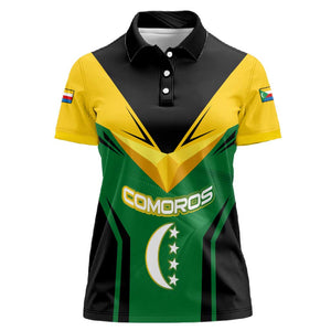 Comoros Women Polo Shirt - National Colors Green Yellow Black Crescent Moon and Stars Emblem