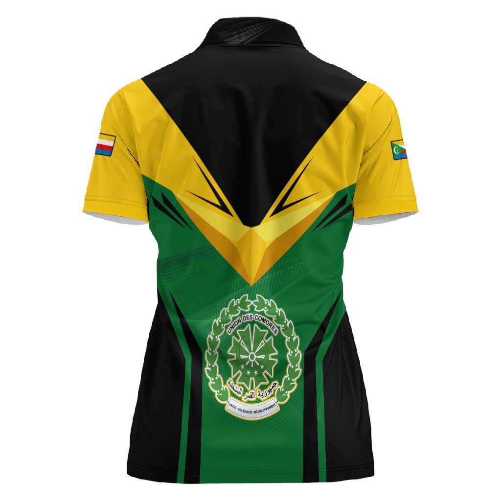 Comoros Women Polo Shirt - National Colors Green Yellow Black Crescent Moon and Stars Emblem