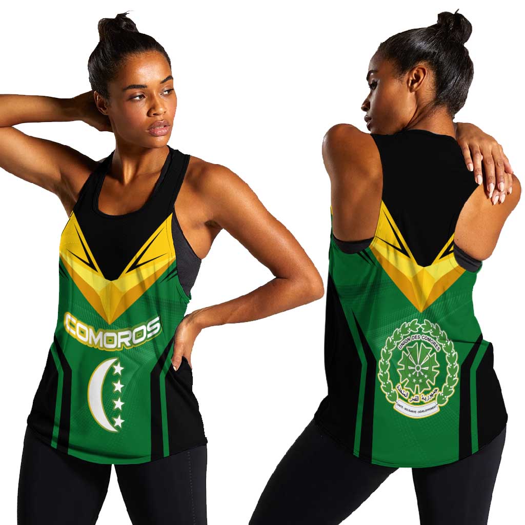 Comoros Women Racerback Tank - National Colors Green Yellow Black Crescent Moon and Stars Emblem