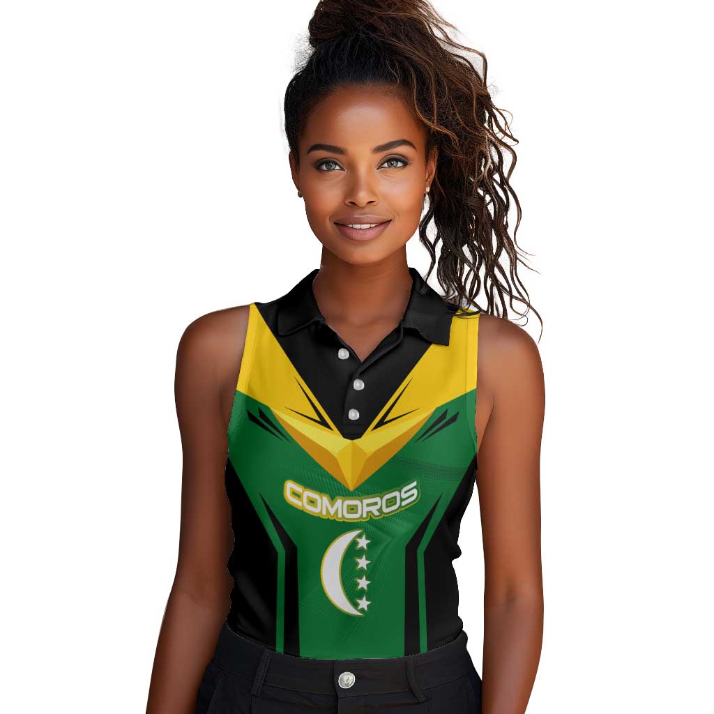 Comoros Women Sleeveless Polo Shirt - National Colors Green Yellow Black Crescent Moon and Stars Emblem