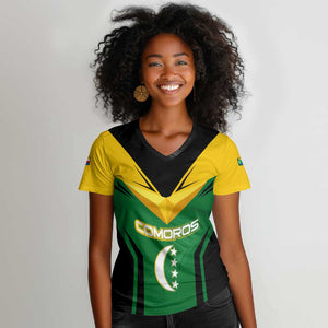 Comoros Women V-Neck T-Shirt - National Colors Green Yellow Black Crescent Moon and Stars Emblem
