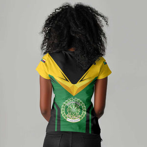 Comoros Women V-Neck T-Shirt - National Colors Green Yellow Black Crescent Moon and Stars Emblem