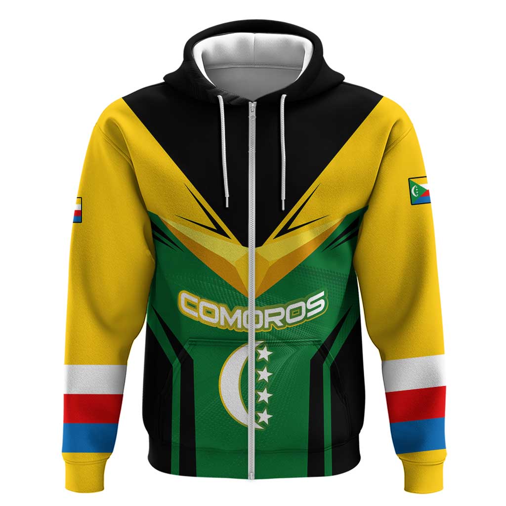 Comoros Zip Hoodie - National Colors Green Yellow Black Crescent Moon and Stars Emblem