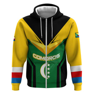 Comoros Zip Hoodie - National Colors Green Yellow Black Crescent Moon and Stars Emblem