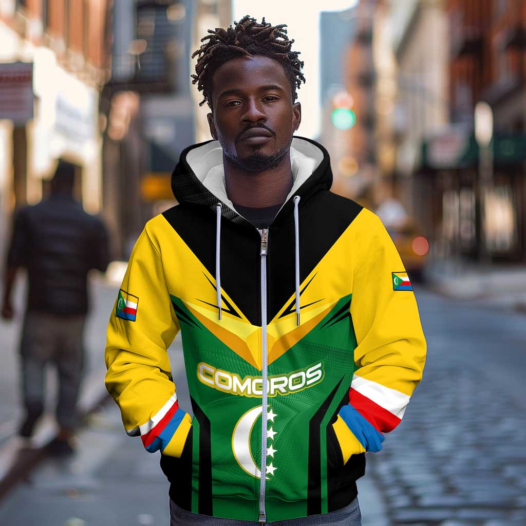 Comoros Zip Hoodie - National Colors Green Yellow Black Crescent Moon and Stars Emblem