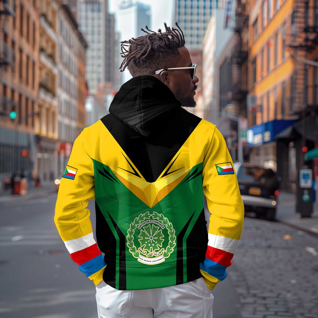 Comoros Zip Hoodie - National Colors Green Yellow Black Crescent Moon and Stars Emblem