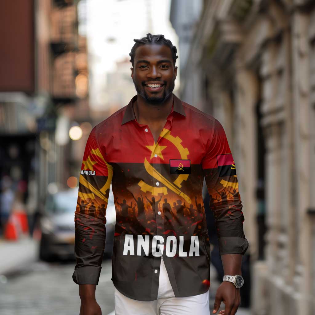 Angola Long Sleeve Button Shirt Red Black Yellow Grunge - African Pride