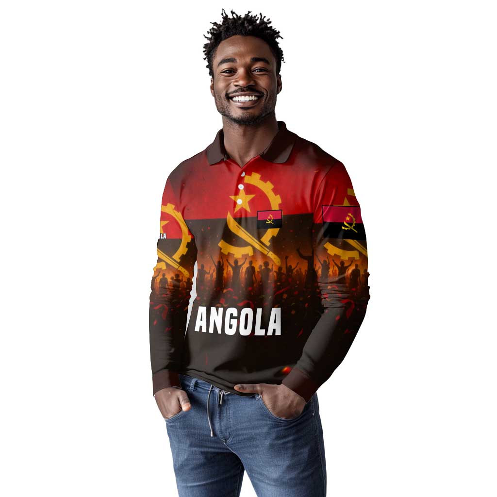 Angola Long Sleeve Polo Shirt Red Black Yellow Grunge - African Pride