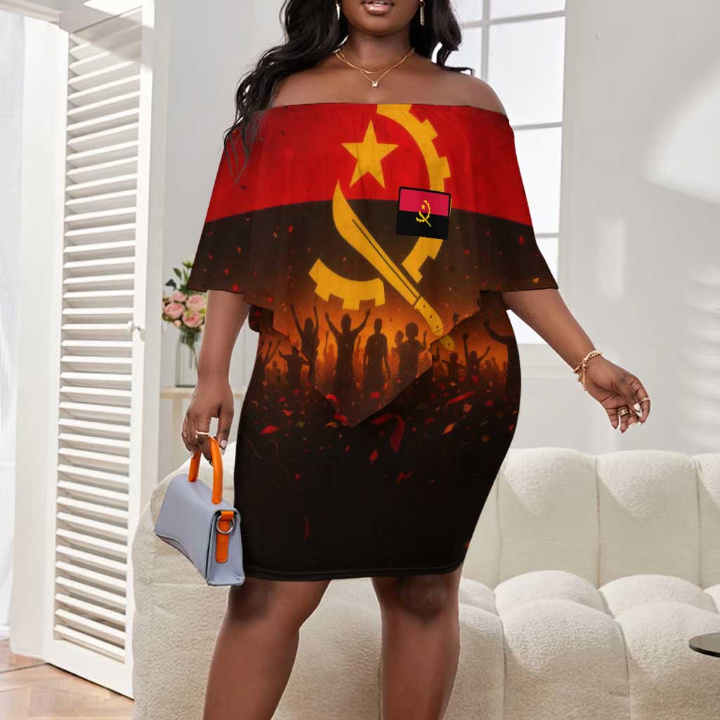 Angola Off Shoulder Short Dress Red Black Yellow Grunge - African Pride