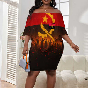 Angola Off Shoulder Short Dress Red Black Yellow Grunge - African Pride
