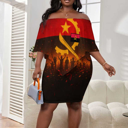 Angola Off Shoulder Short Dress Red Black Yellow Grunge - African Pride