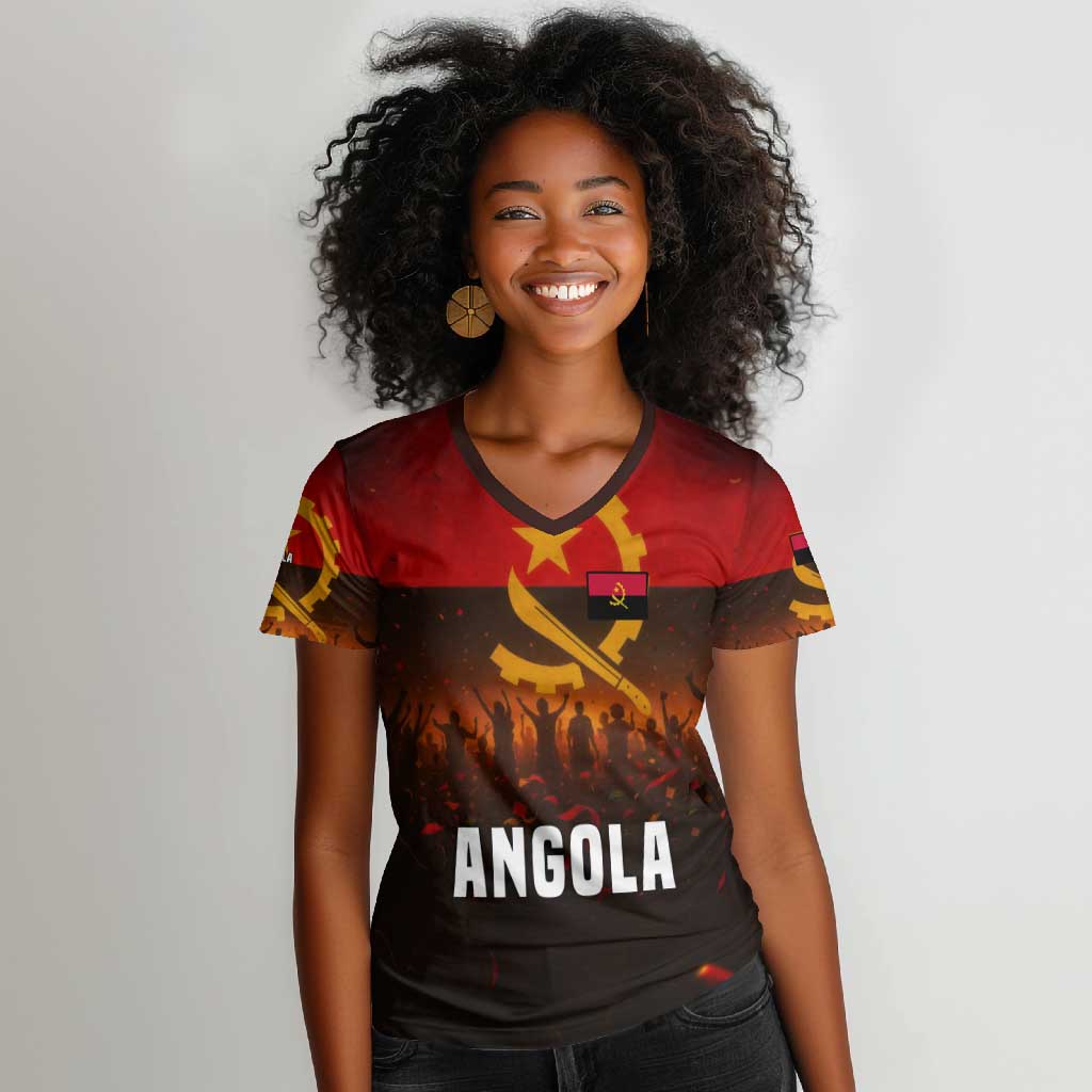 Angola Women V-Neck T-Shirt Red Black Yellow Grunge - African Pride
