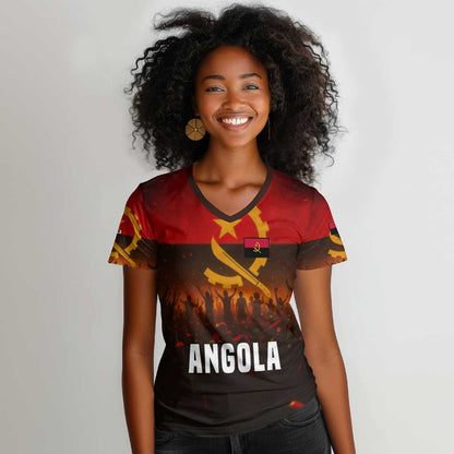 Angola Women V-Neck T-Shirt Red Black Yellow Grunge - African Pride