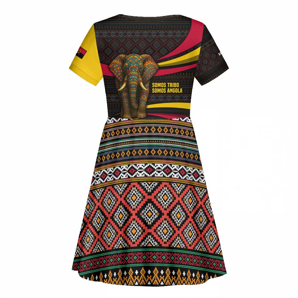 Angola Kid Short Sleeve Dress Red Black Yellow Tribal and Elephant - African Pride