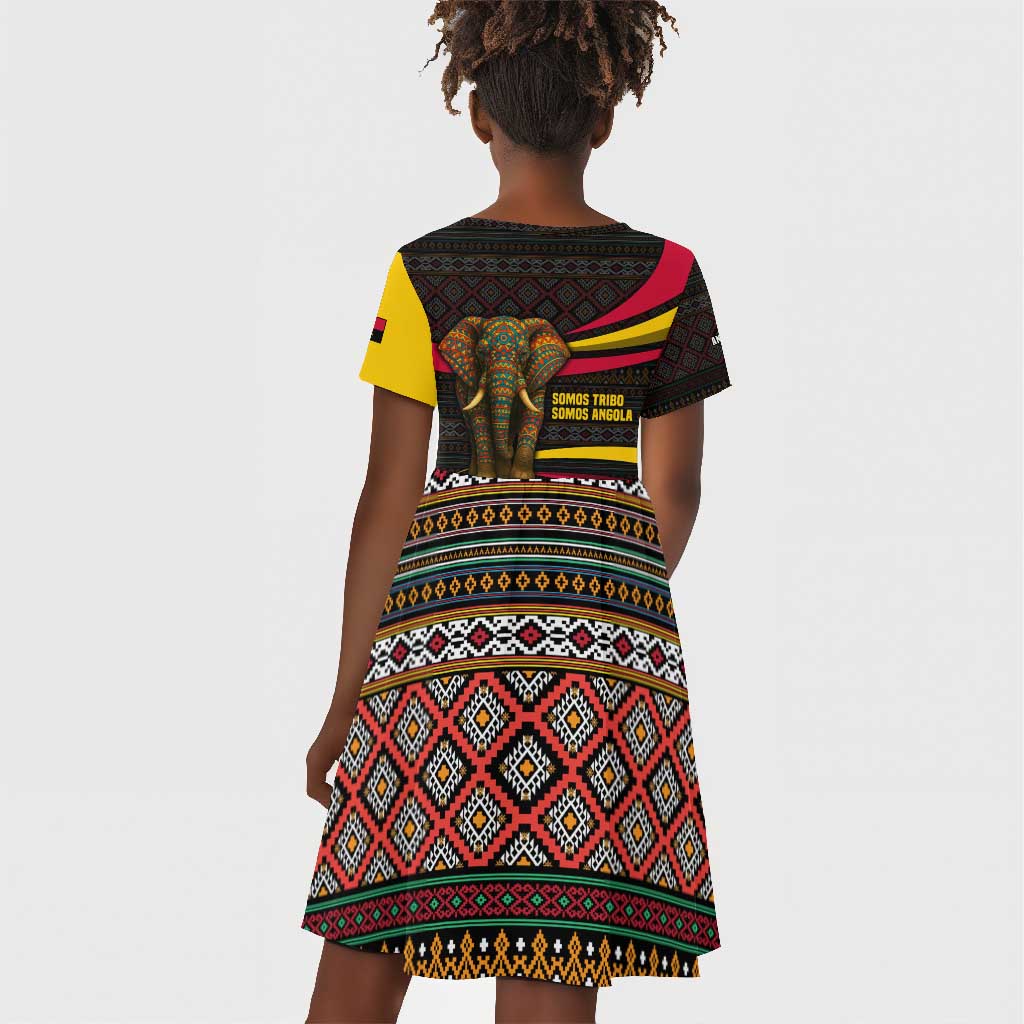 Angola Kid Short Sleeve Dress Red Black Yellow Tribal and Elephant - African Pride