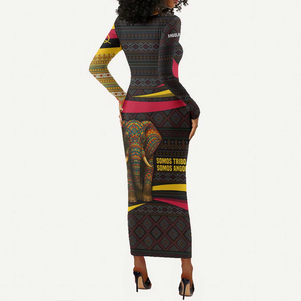 Angola Long Sleeve Bodycon Dress Red Black Yellow Tribal and Elephant - African Pride